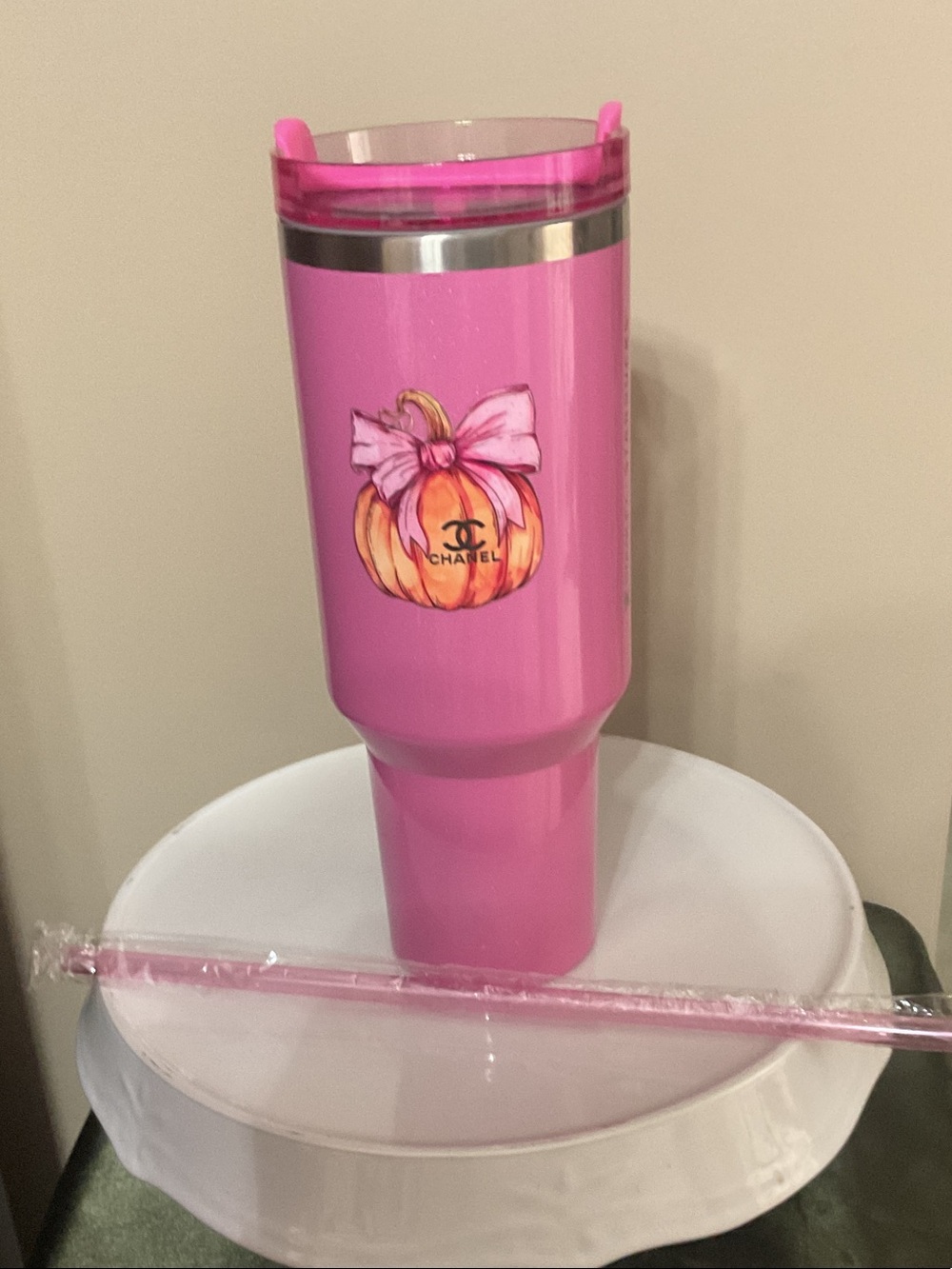 Stanley Pink Insulated Tumbler with Pumpkin Bow Graphic